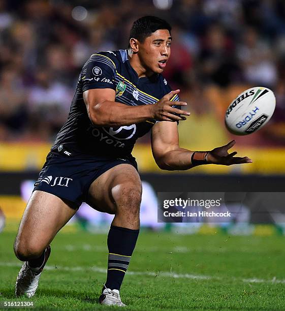 Jason Taumalolo of the Cowboys passes the ball during the round three NRL match between the North Queensland Cowboys and the Sydney Roosters at...