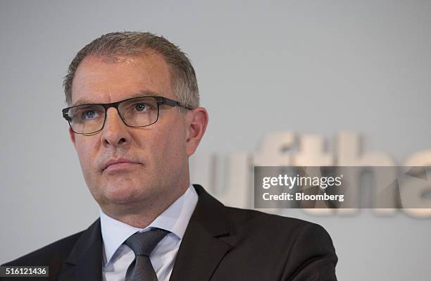 Carsten Spohr, chief executive officer of Deutsche Lufthansa AG, looks on during a news conference to announce the airline's earnings figures in...