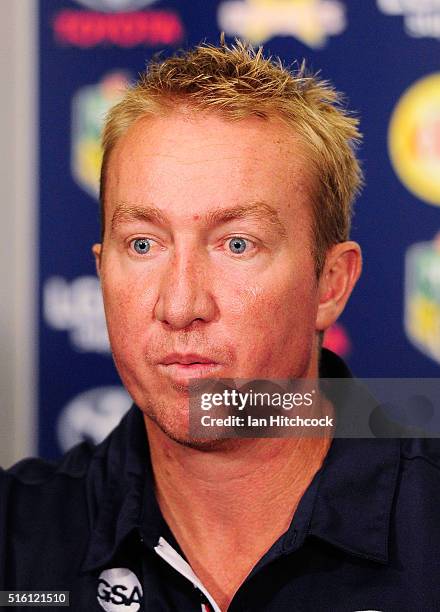 Roosters coach Trent Robinson looks on at the post match media conference at the end of during the round three NRL match between the North Queensland...