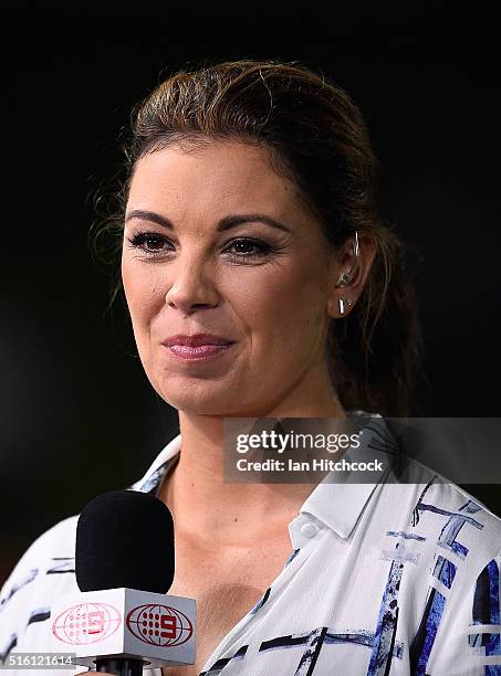 Television commentator Yvonne Sampson looks on before the round three NRL match between the North Queensland Cowboys and the Sydney Roosters at...