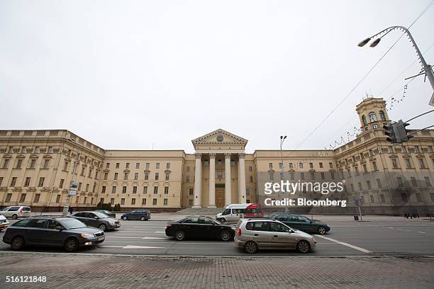 Road traffic passes the headquarters of the state security committee in Belarus, on Wednesday, March 16, 2016. European Union governments scrapped...