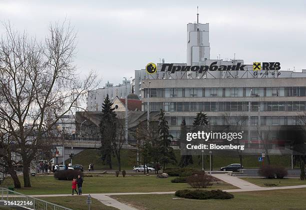 The logo of OAO Priorbank sits above a building in Minsk, Belarus, on Wednesday, March 16, 2016. European Union governments scrapped sanctions on...