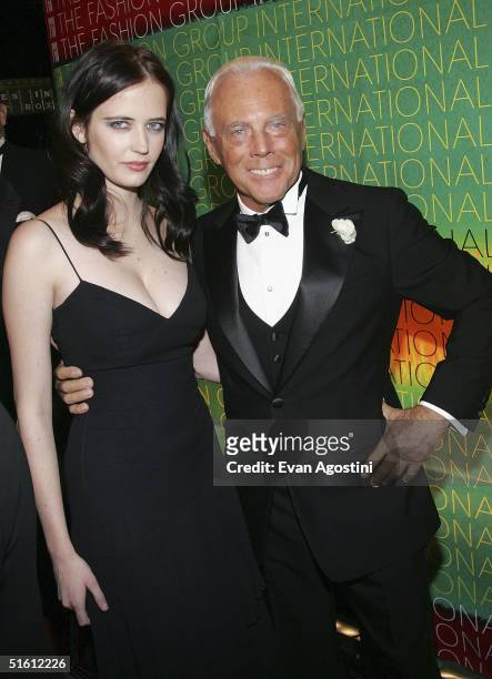 Superstar Award honoree, fashion designer Giorgio Armani and actress Eva Green attend The Fashion Group International's 21st Annual Night of Stars at...