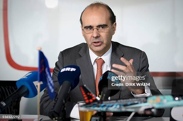 Brussels Airlines CEO Bernard Gustin delivers a press conference to present the group's 2015 year results in Diegem on March 17, 2016. / AFP / Belga...