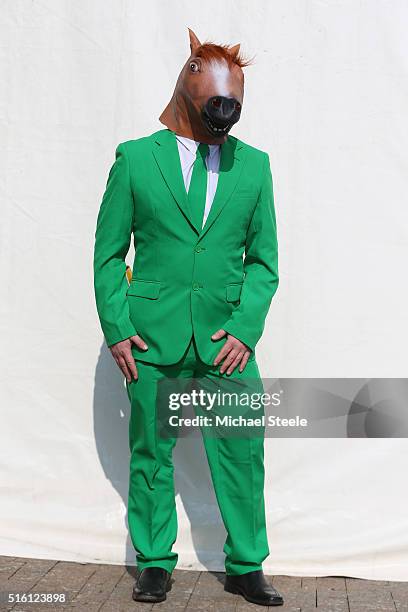 An Irish racegoer dressed for the occasion on day three, St Patrick's Thursday of the Cheltenham Festival at Cheltenham Racecourse on March 17, 2016...