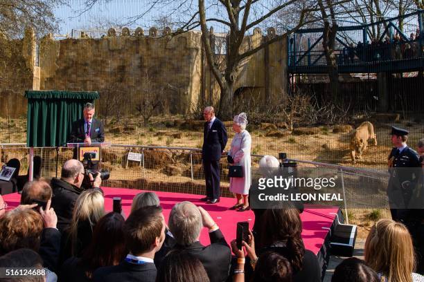 Lioness walks in her new enclosure as Britain's Queen Elizabeth II and her husband Prince Philip, Duke of Edinburgh, attend the offical opening of...