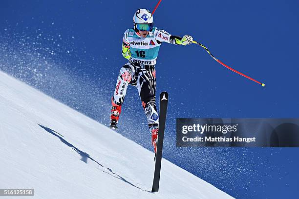 Tina Weirather of Liechtenstein in action during the Audi FIS Alpine Ski World Cup Finals Men's and Women's Super G on March 17, 2016 in St Moritz,...