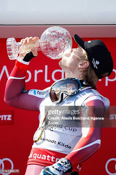 Aleksander Aamodt Kilde of Norway takes joint 2nd place and wins the SuperG crystal globe during the Audi FIS Alpine Ski World Cup Finals Men's and...