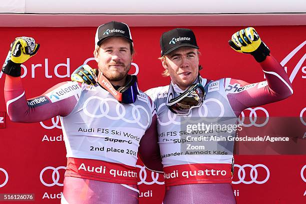 Aleksander Aamodt Kilde of Norway wins the SuperG crystal globe, Kjetil Jansrud of Norway takes 2nd place in the overall SuperG standings during the...