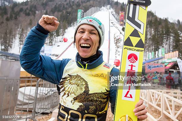 Noriaki Kasai of Japan poses for a picture during day 1 of the FIS Ski Jumping World Cup at Planica on March 17, 2016 in Planica, Slovenia. It's...