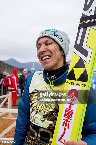 Noriaki Kasai of Japan talks to the media during day 1 of the FIS Ski Jumping World Cup at Planica on March 17, 2016 in Planica, Slovenia. It's...