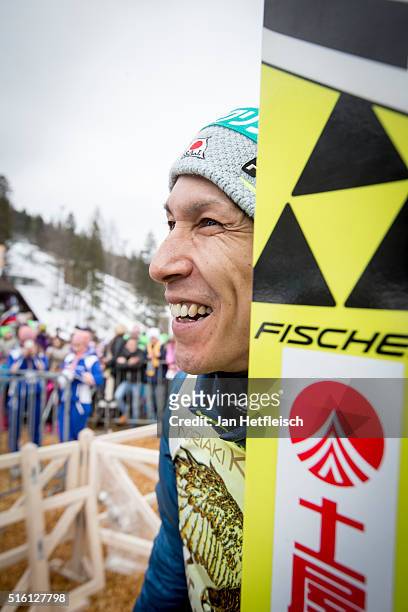 Noriaki Kasai of Japan reacts after his jump during day 1 of the FIS Ski Jumping World Cup at Planica on March 17, 2016 in Planica, Slovenia. It's...