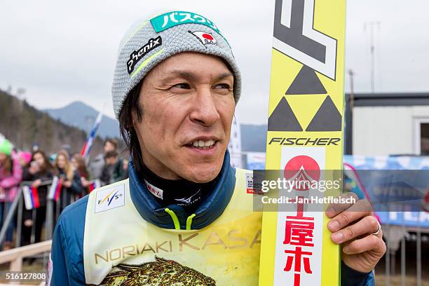 Noriaki Kasai of Japan talks to the media during day 1 of the FIS Ski Jumping World Cup at Planica on March 17, 2016 in Planica, Slovenia. It's...