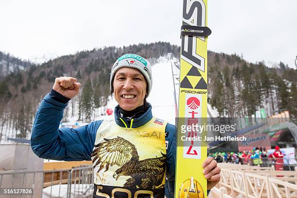 Noriaki Kasai of Japan poses for a picture during day 1 of the FIS Ski Jumping World Cup at Planica on March 17, 2016 in Planica, Slovenia. It's...