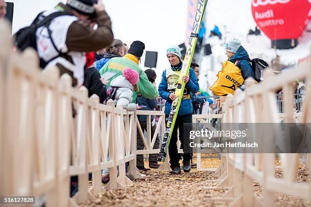 Noriaki Kasai of Japan talks to the media during day 1 of the FIS Ski Jumping World Cup at Planica on March 17, 2016 in Planica, Slovenia. It's...