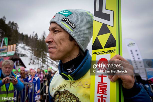 Noriaki Kasai of Japan reacts after his jump during day 1 of the FIS Ski Jumping World Cup at Planica on March 17, 2016 in Planica, Slovenia. It's...
