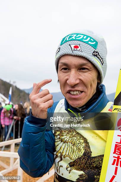 Noriaki Kasai of Japan talks to the media during day 1 of the FIS Ski Jumping World Cup at Planica on March 17, 2016 in Planica, Slovenia. It's...