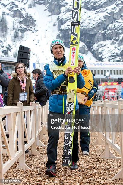 Noriaki Kasai of Japan reacts after his jump during day 1 of the FIS Ski Jumping World Cup at Planica on March 17, 2016 in Planica, Slovenia. It's...