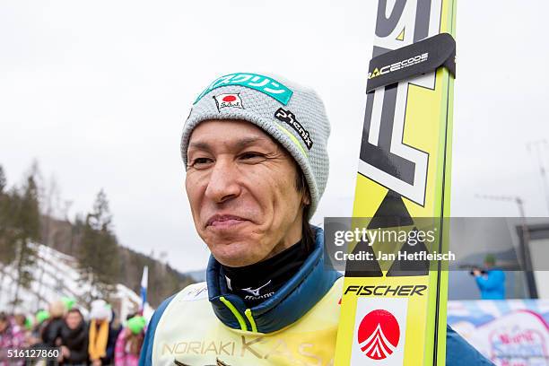 Noriaki Kasai of Japan talks to the media during day 1 of the FIS Ski Jumping World Cup at Planica on March 17, 2016 in Planica, Slovenia. It's...