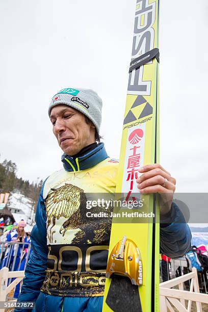 Noriaki Kasai of Japan reacts after his jump during day 1 of the FIS Ski Jumping World Cup at Planica on March 17, 2016 in Planica, Slovenia. It's...