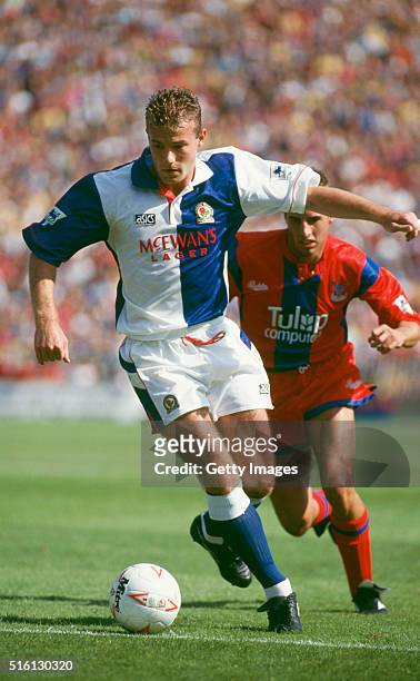 Blackburn Rovers centre forward Alan Shearer holds off Gareth Southgate during the FA Premiership match at Selhurst Park, on August 15 in London,...