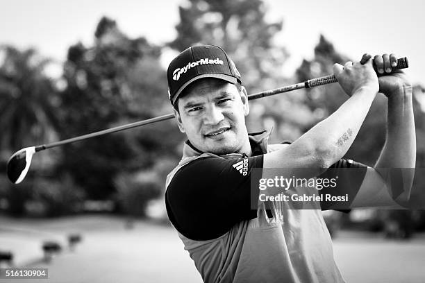 Golf player Fabian Gomez of Argentina poses during a photo session at Pilar Golf Club on March 11, 2016 in Pilar, Buenos Aires, Argentina.