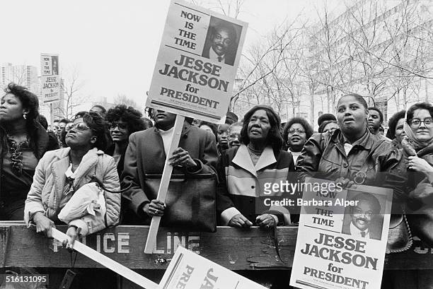 Supporters of the presidential campaign of American civil rights activist Jesse Jackson, New York City, 1984.