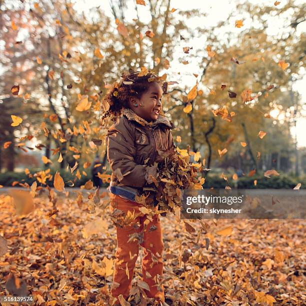 cute african american little girl playing with autumn leaves. - young leafs stockfoto's en -beelden