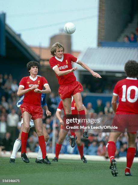 September 1980 Football League Division One, Birmingham City v Liverpool, Alan Hansen watches as Phil Thompson heads the ball clear for Liverpool.