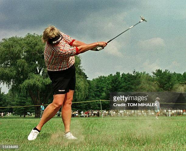 Laura Davies of Great Britain hits her approach shot from the rough of the 14th fairway in the second round of the LPGA Championship at the DuPont...