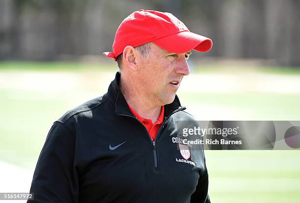 Head coach Matt Kerwick of the Cornell Big Red looks on from the sidelines against the Virginia Cavaliers during the fourth quarter at Schoellkopf...