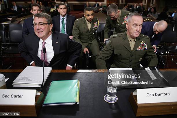 Defense Secretary Ashton Carter and Chairman of the Joint Chiefs of Staff Gen. Joseph Dunford Jr. Prepare to testify about the Pentagon budget before...