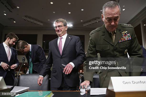 Defense Secretary Ashton Carter and Chairman of the Joint Chiefs of Staff Gen. Joseph Dunford Jr. Prepare to testify about the Pentagon budget before...