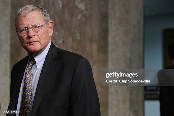 Senate Armed Services Committee member Sen. James Inhofe arrives for hearing about the Pentagon budget in the Dirksen Senate Office Building on...