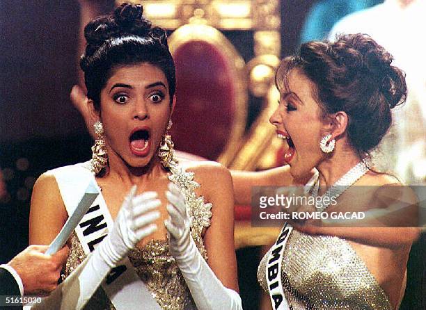 Sushmita Sen , representing India at the 1994 Miss Universe competition, reacts to winning the title while Carolina Gomez of Colombia shouts 21 May...
