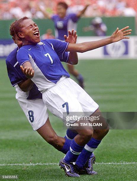 Brazil's Maicon celebrates her goal to tie the match 3-3 in their first round match with Germany in the 1999 FIFA Women's World Cup game at Jack Kent...