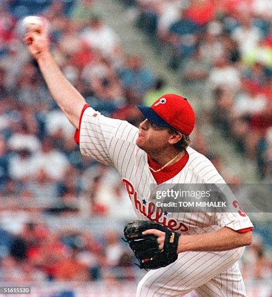 The Philadelphia Phillies starting pitcher, Curt Schilling, unloads a fast ball in the third inning of interleague play against the Baltimore Orioles...