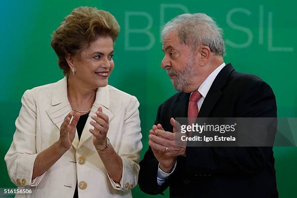 Brazil's former president, Luiz Inacio Lula da Silva , is sworn in as the new chief of staff for embattled President Dilma Rousseff on March 17, 2016...