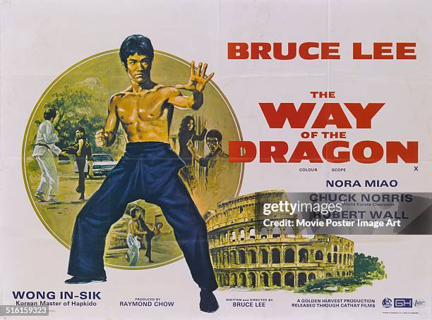 Actor Bruce Lee appears on a poster for the movie 'Way of the Dragon', which he also directed, 1972. The Colosseum is pictured on the bottom right.