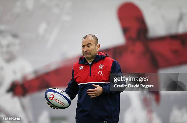 Eddie Jones, the England head coach, looks on during the England training session held at Pennyhill Park on March 17, 2016 in Bagshot, England.