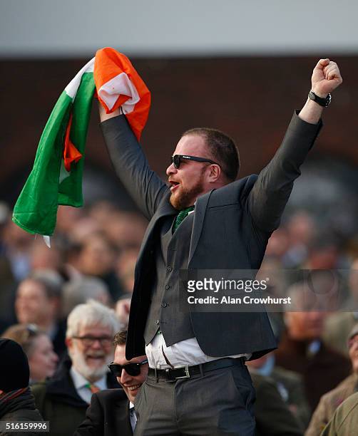 Racegoer celebrates an Irish winner during Cheltenham Festival - St Patrick's Thursday at Cheltenham racecourse on March 17, 2016 in Cheltenham,...