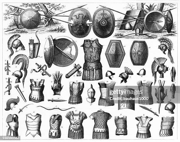 ilustraciones, imágenes clip art, dibujos animados e iconos de stock de armas de los griegos y romanos, etruscans - weaponry