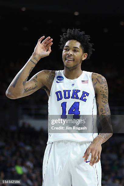 Brandon Ingram of the Duke Blue Devils reacts in the first half against the North Carolina-Wilmington Seahawks during the first round of the 2016...