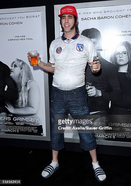 Actor Sacha Baron Cohen arrives at the premiere of Columbia Pictures And Village Roadshow Pictures 'The Brothers Grimsby' at Regency Village Theatre...
