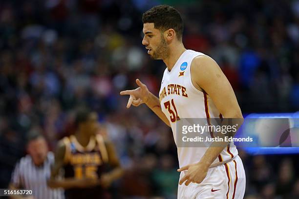 Georges Niang of the Iowa State Cyclones reacts after making a shot against the Iona Gaels during the first round of the 2016 NCAA Men's Basketball...
