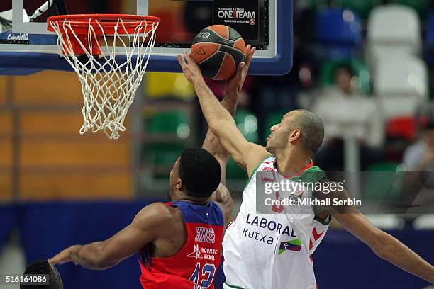 Kyle Hines, #42 of CSKA Moscow competes with Adam Hanga, #8 of Laboral Kutxa Vitoria Gasteiz in action during the 2015-2016 Turkish Airlines...