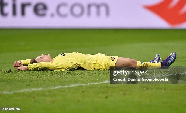 Denis Suarez of Villarreal reacts to a missed chance during the UEFA Europa League round of 16, second leg match between Bayer Leverkusen and...