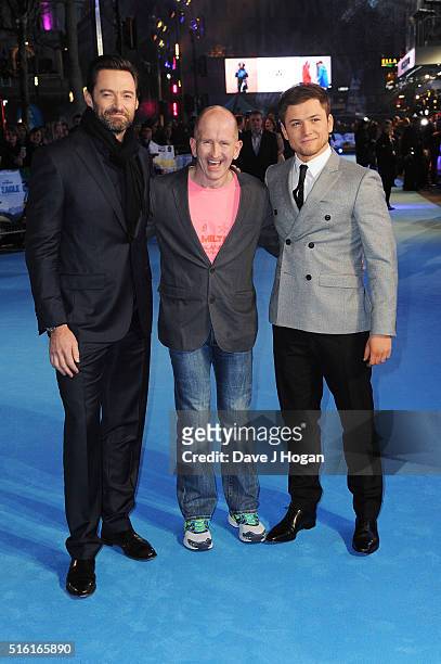 Hugh Jackman, Eddie "The Eagle" Edwards and Taron Egerton attend the European premiere of 'Eddie The Eagle' at Odeon Leicester Square on March 17,...