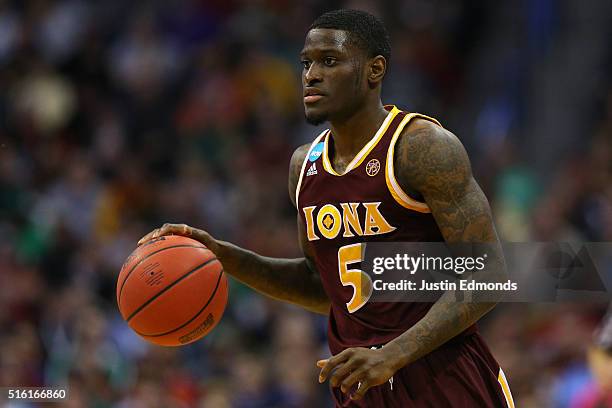 English of the Iona Gaels drives the ball against the Iowa State Cyclones during the first round of the 2016 NCAA Men's Basketball Tournament at the...