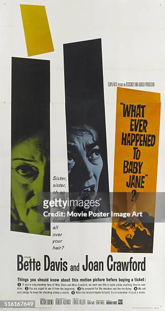 Actresses Bette Davis and Joan Crawford appear on a poster for the movie 'What Ever Happened to Baby Jane?', 1962.